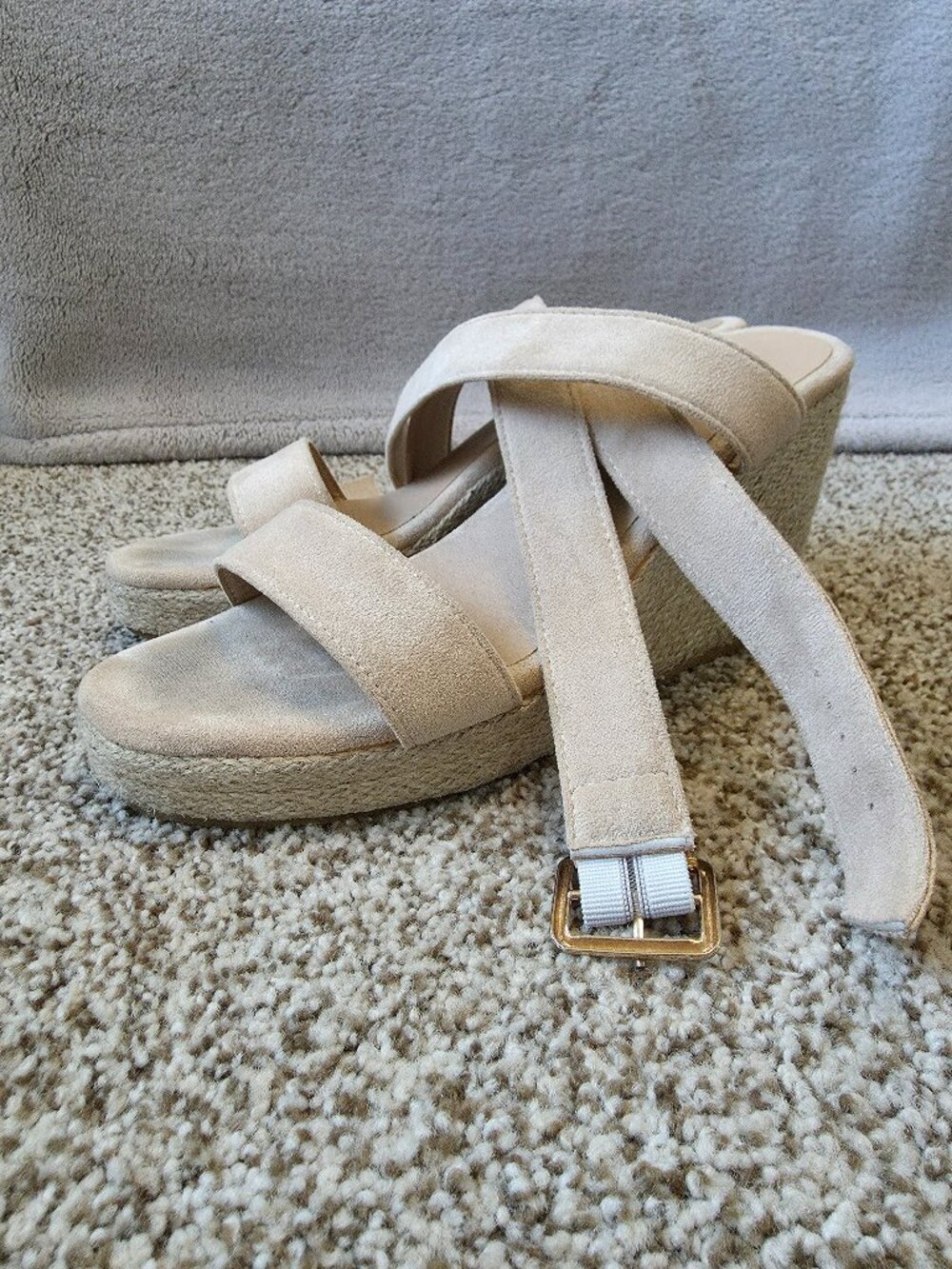 Beige Faux Suede Espadrille 4" Wedge Sandals, Women's US 8